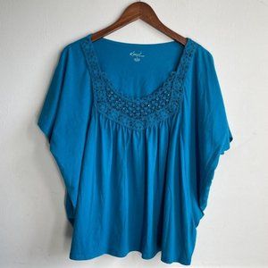 Kim Rogers Blue Butterfly Sleeve Top Crochet Beaded Details, Blue Crochet Top